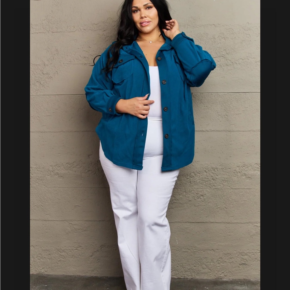 Zenana Teal Fleece Shacket Jacket NWT XL Cozy Cabin Button Front - Picture 6 of 9